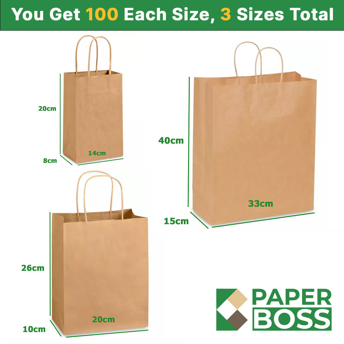 Brown Paper Bags with Handles Mixed Size Small Business Bundle Pack - 300 Pack image 1