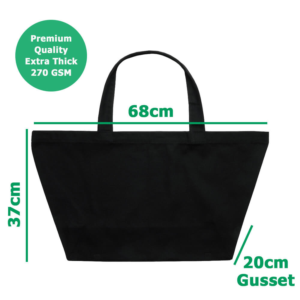 Custom Printed Oversized Black Tote Bags With Bottom Gusset - 68 x 20 x 37 cm - 100% Natural Cotton