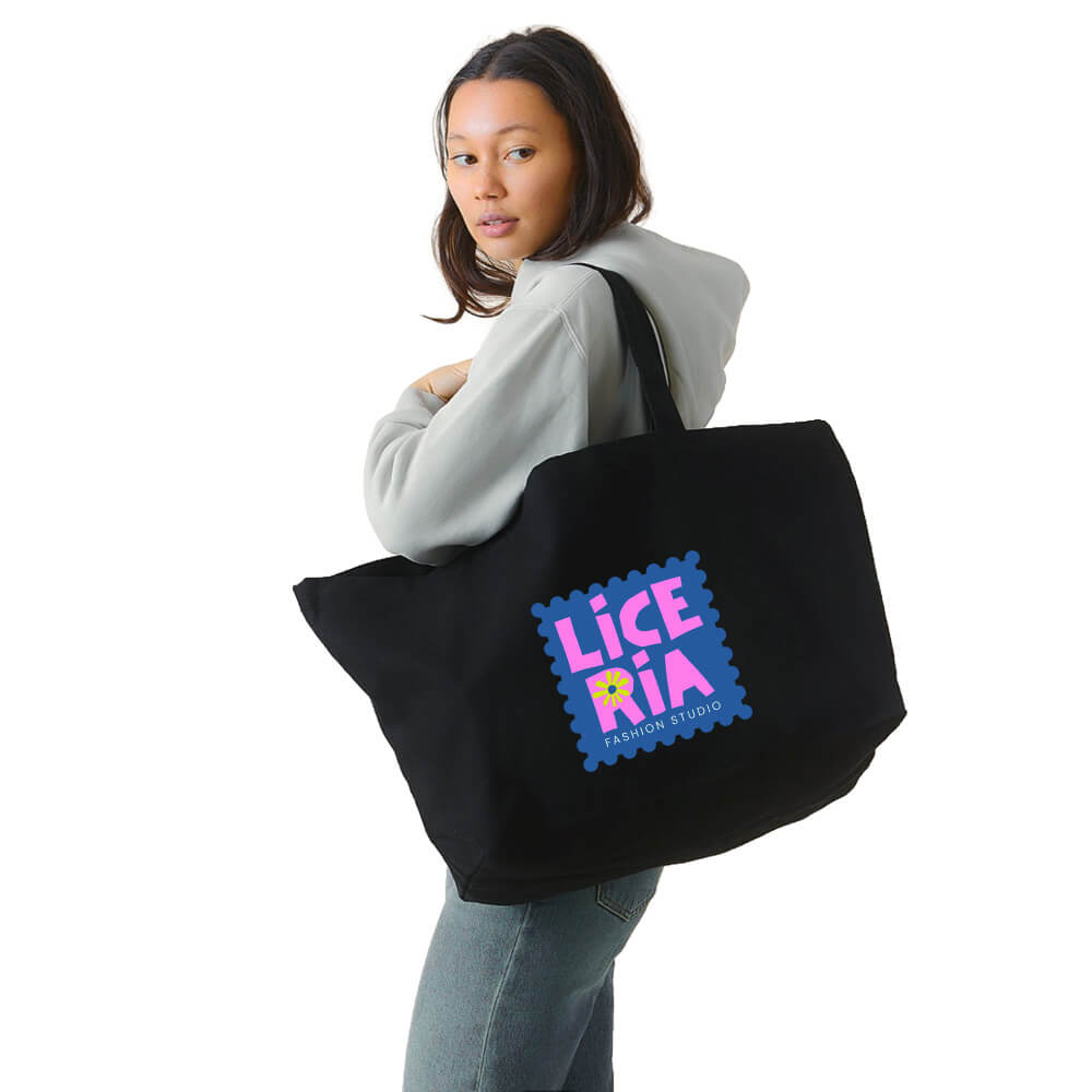 Custom Printed Oversized Black Tote Bags With Bottom Gusset - 68 x 20 x 37 cm - 100% Natural Cotton