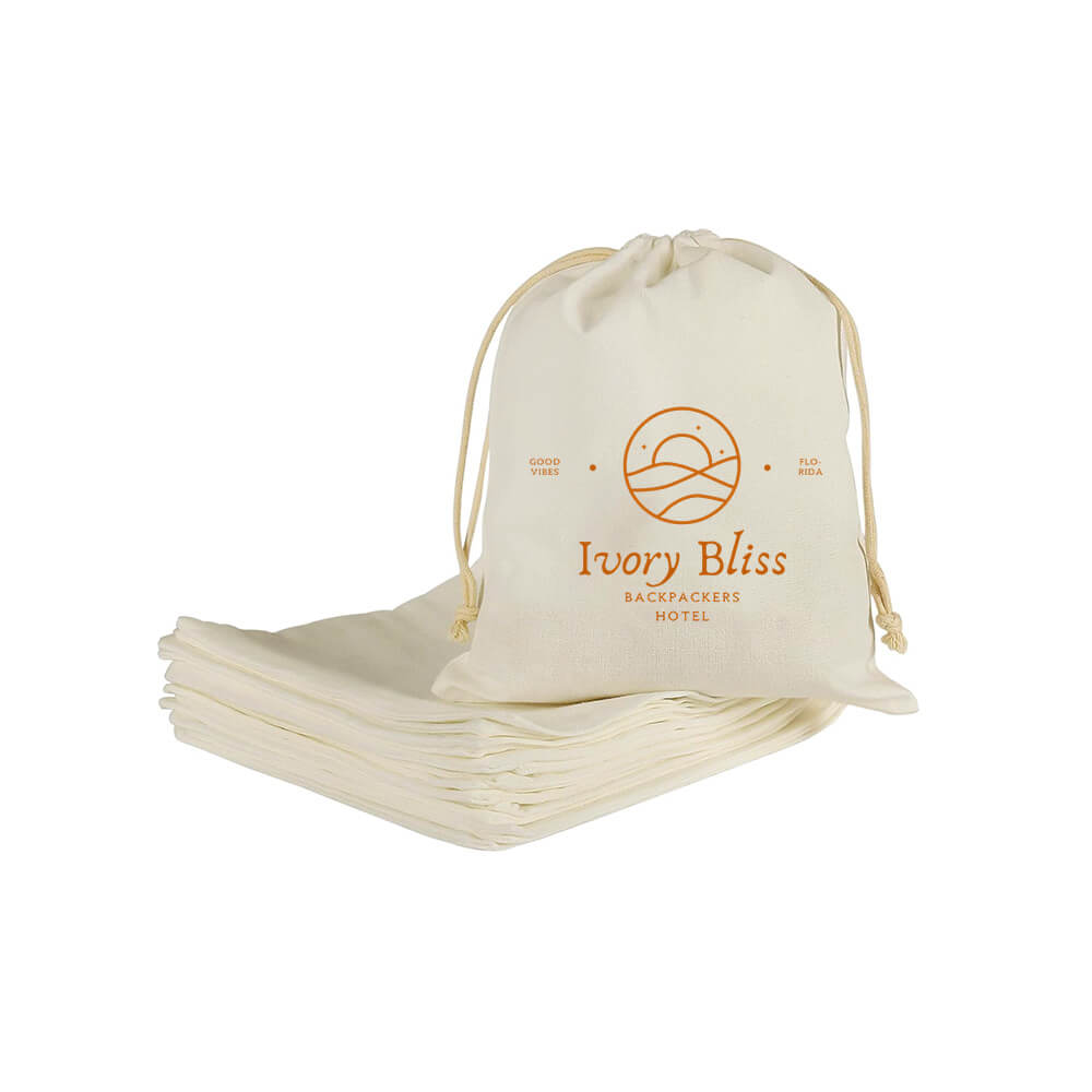 Custom Printed Small Calico Drawstring Bags - 15 x 25 cm - 5oz - Natural Cotton